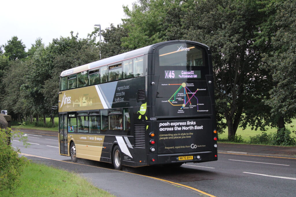 [Go-Ahead North East] 6377 (NK70 BYV) in Teams on Xlines service X45 (rear) - Gary Hunter